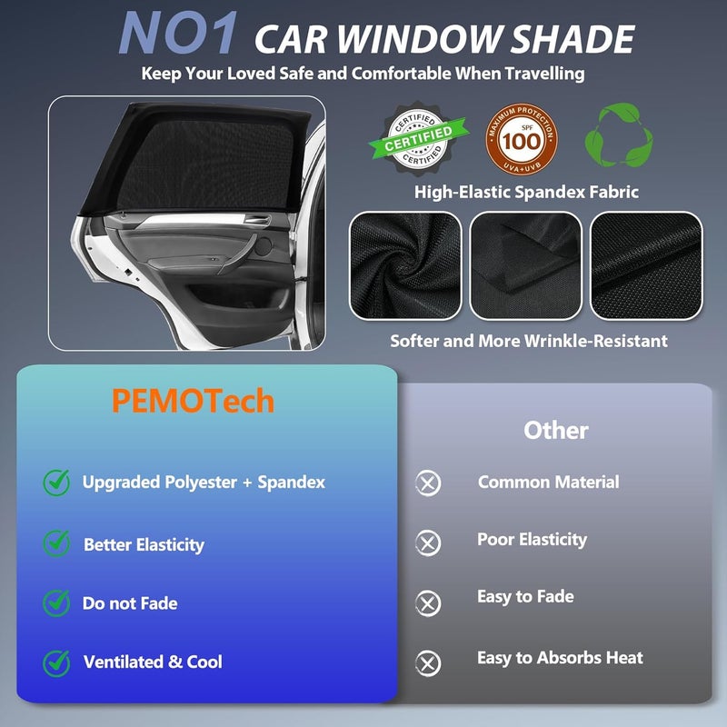 PEMOTech Car Window Shades(2 Pack)-Certified Car Side Window Sun Shades, UV Protection Breathable Spandex Baby Window Covers, Universal Fit Most (99%) of Cars, Protect Privacy for Family (27.2"x39.8") - Image 2